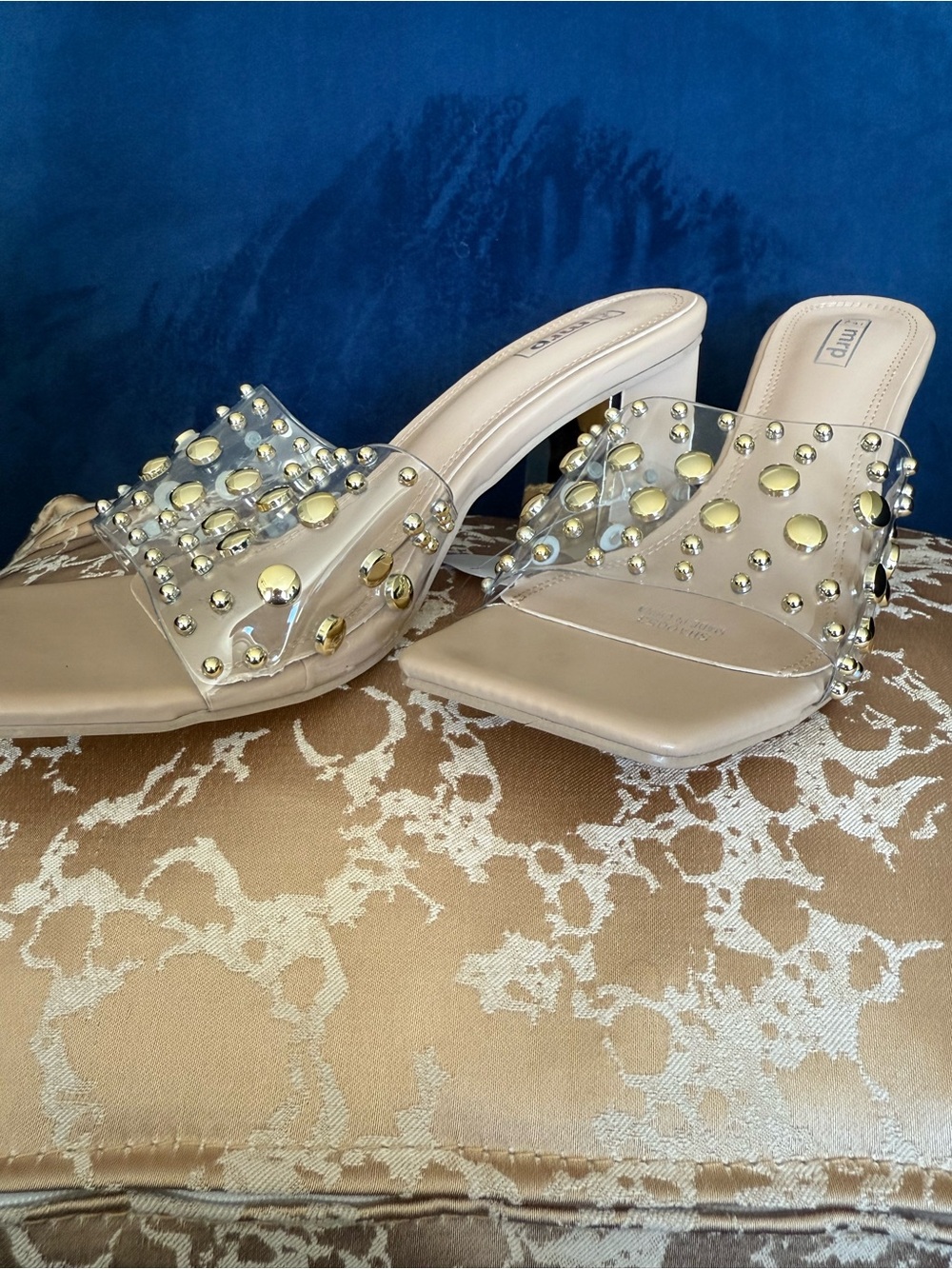 Studded Clear Strap Nude Block Heel Mules